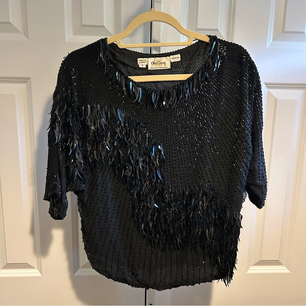 Oleg Cassini Vintage 1980s Sequin & Beaded Silk Top Black (Size S)